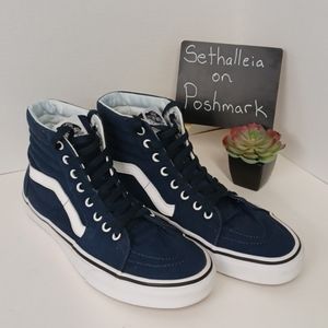 Vans High Top Skater Shoes Navy Blue & White Mens Sz 10